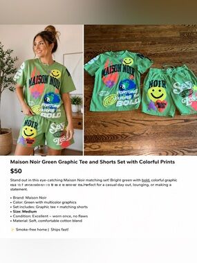 Maison Noir Green Graphic Tee and Shorts Set Colorful Prints Unisex Size Small